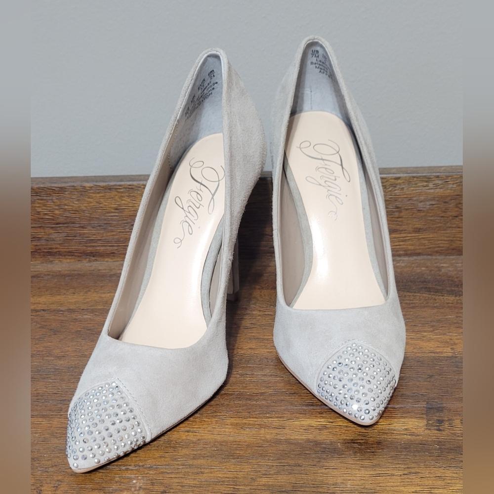 Fergie Light Gray Suede Pointed Toe Heels with Studded Caps